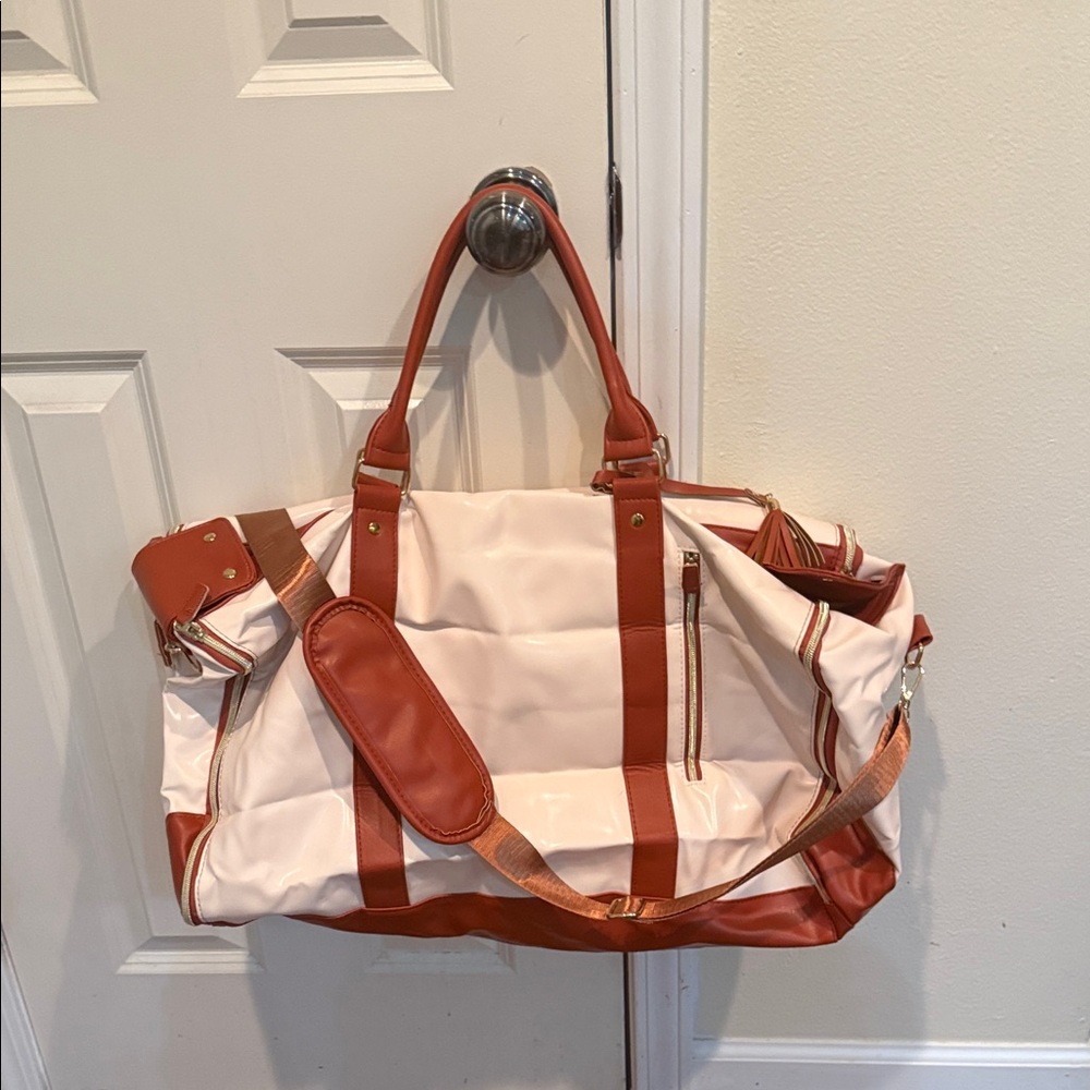 Stylish Retro Vinyl Cream and Brown Women's Travel Duffle Bag—Fully Unzips